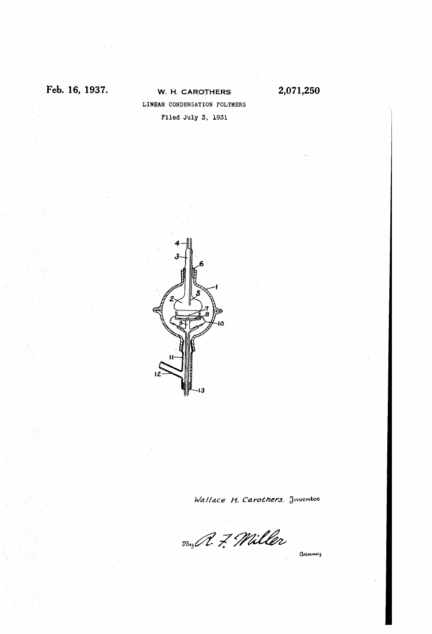 Wallace H. Carothers, "Linear condensation polymers" (US2071250A)
