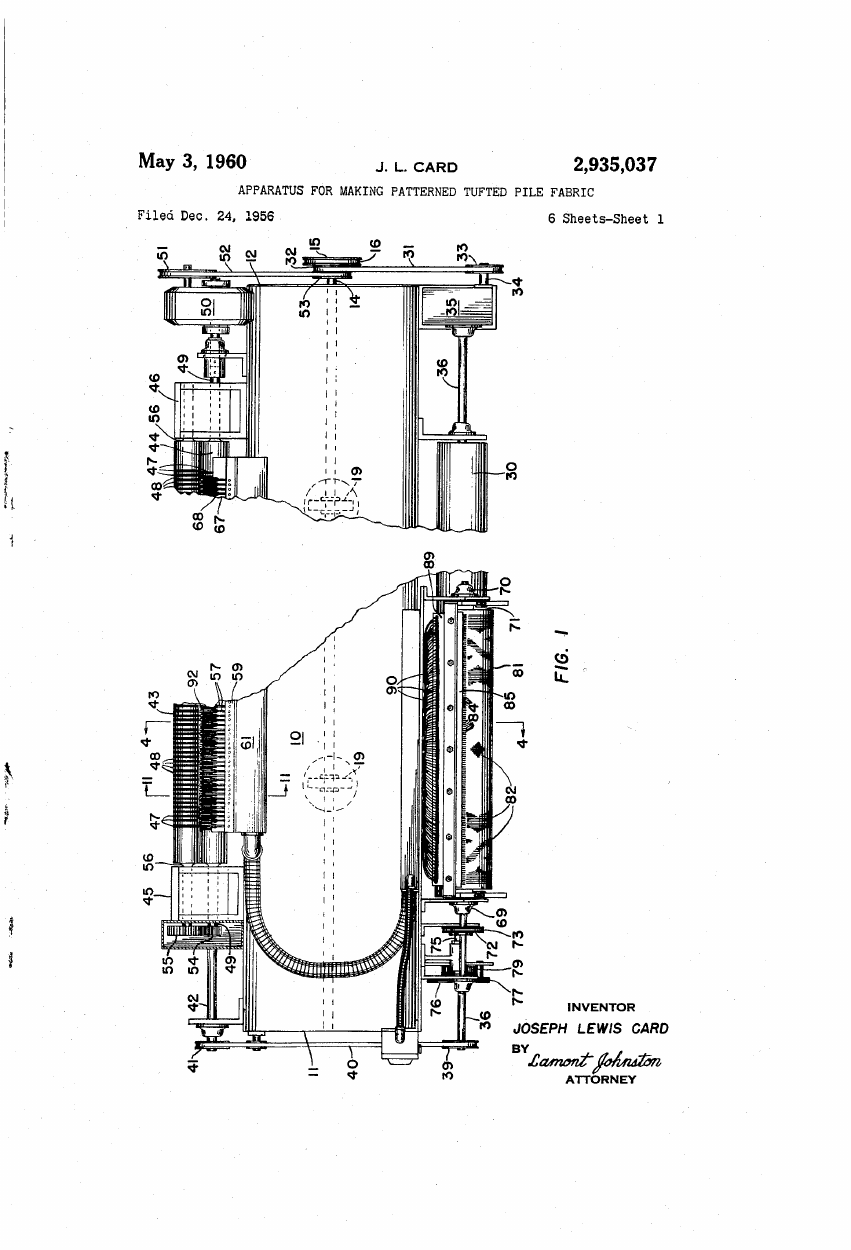 Joseph L. Card, "Apparatus for Making Patterned Tufted Pile Fabric" (US2935037A)