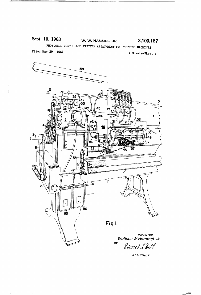 Singer Cobble Inc., "Photocell controlled pattern attachment for tufting machines" (US3103187A)