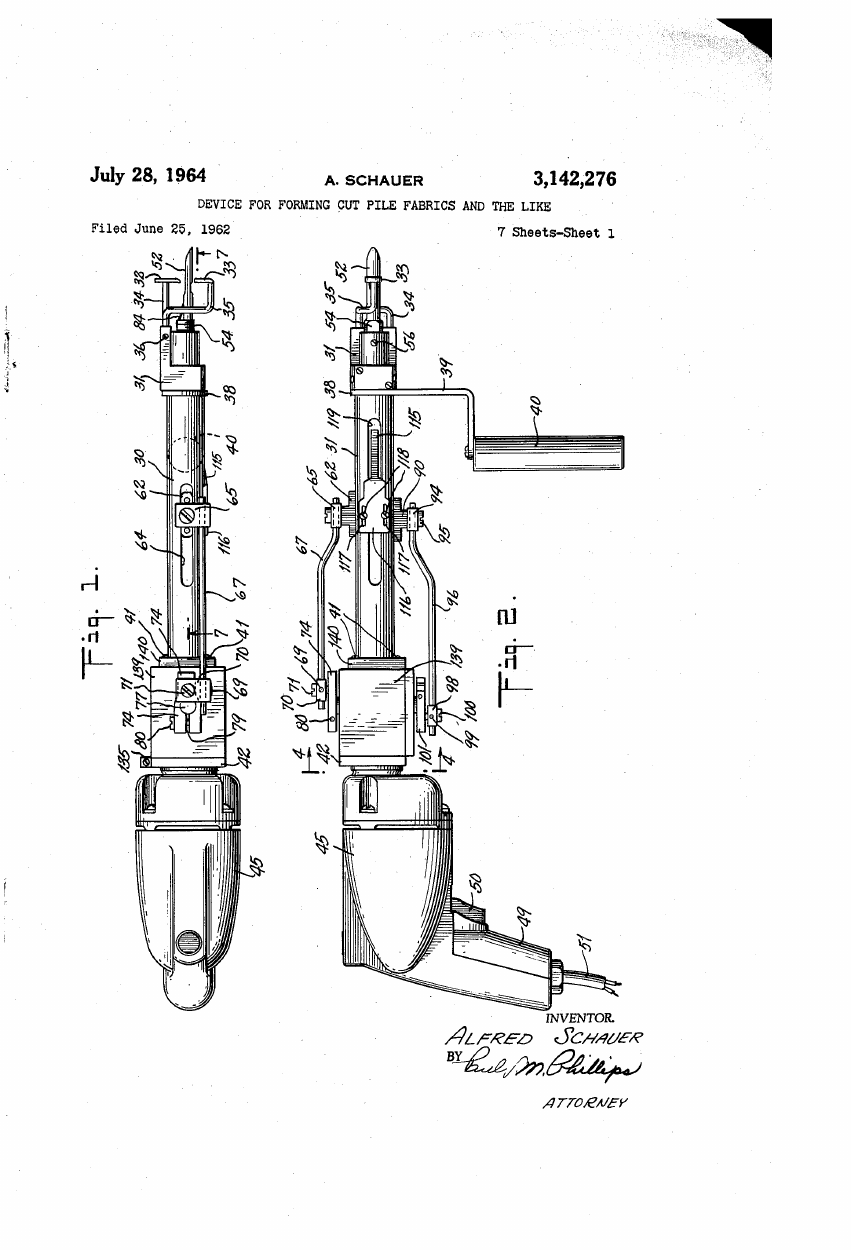 Alfred Schauer, "Device for Forming Cut Pile Fabrics and the Like" (US3142276A)