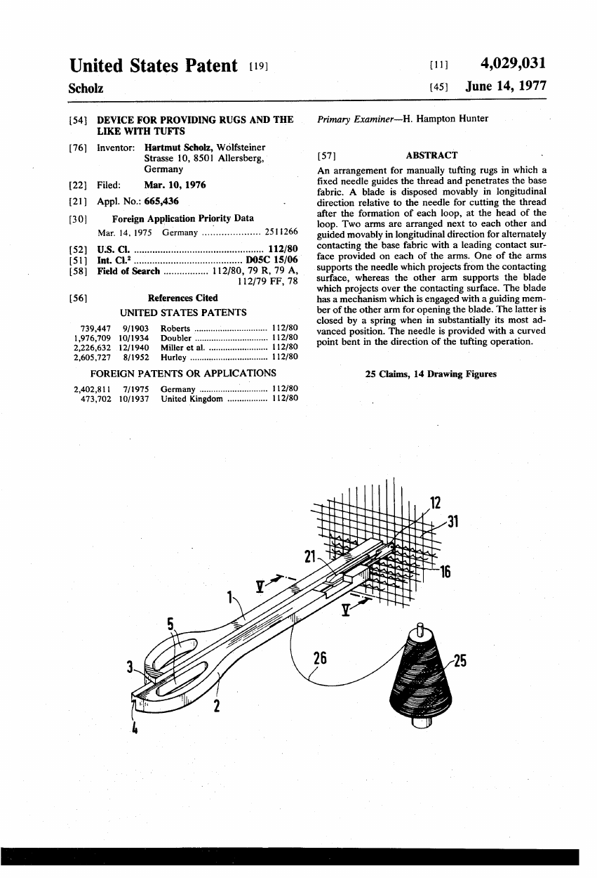 Hartmut Scholz, "Device for Providing Rugs and the Like with Tufts" (US4029031A)