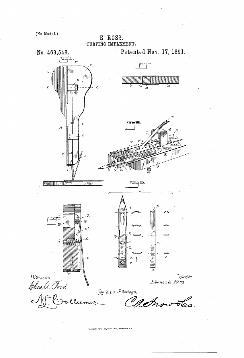 Ebenezer Ross, "Turfing Implement" (US463548A)