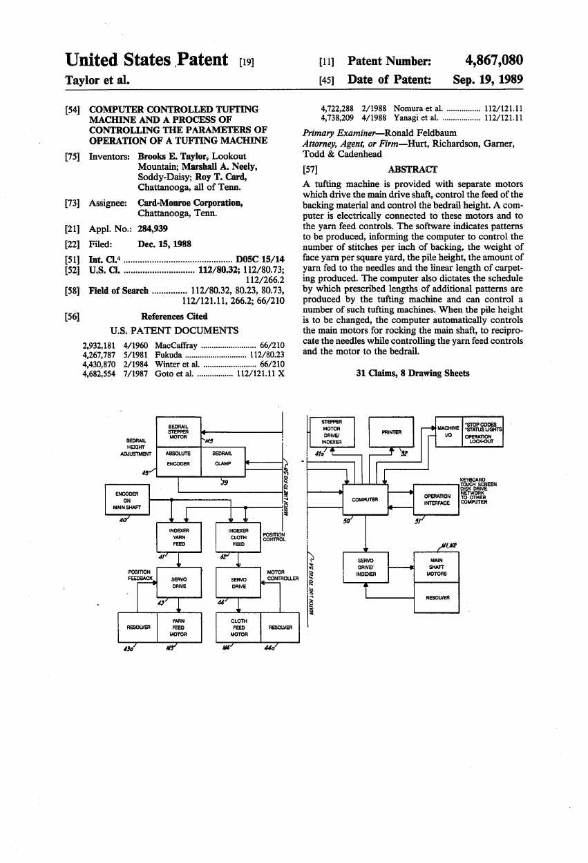 Brooks E. Taylor, Marshall A. Neely & Roy T. Card, "Computer controlled tufting machine and a process of controlling the parameters of operation of a tufting machine" (US4867080A)