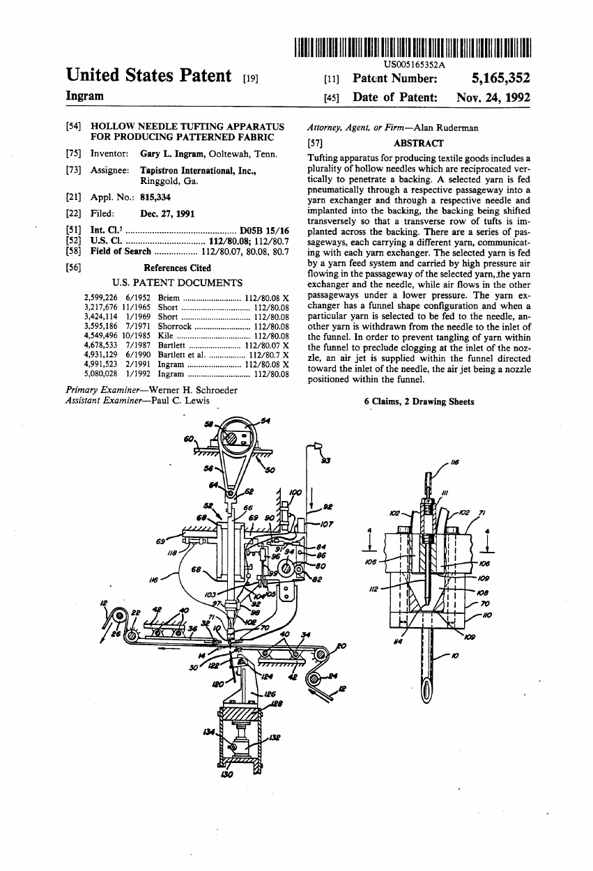 Gary L. Ingram / Tapistron International, "Hollow needle tufting apparatus for producing patterned fabric" (US5165352A)